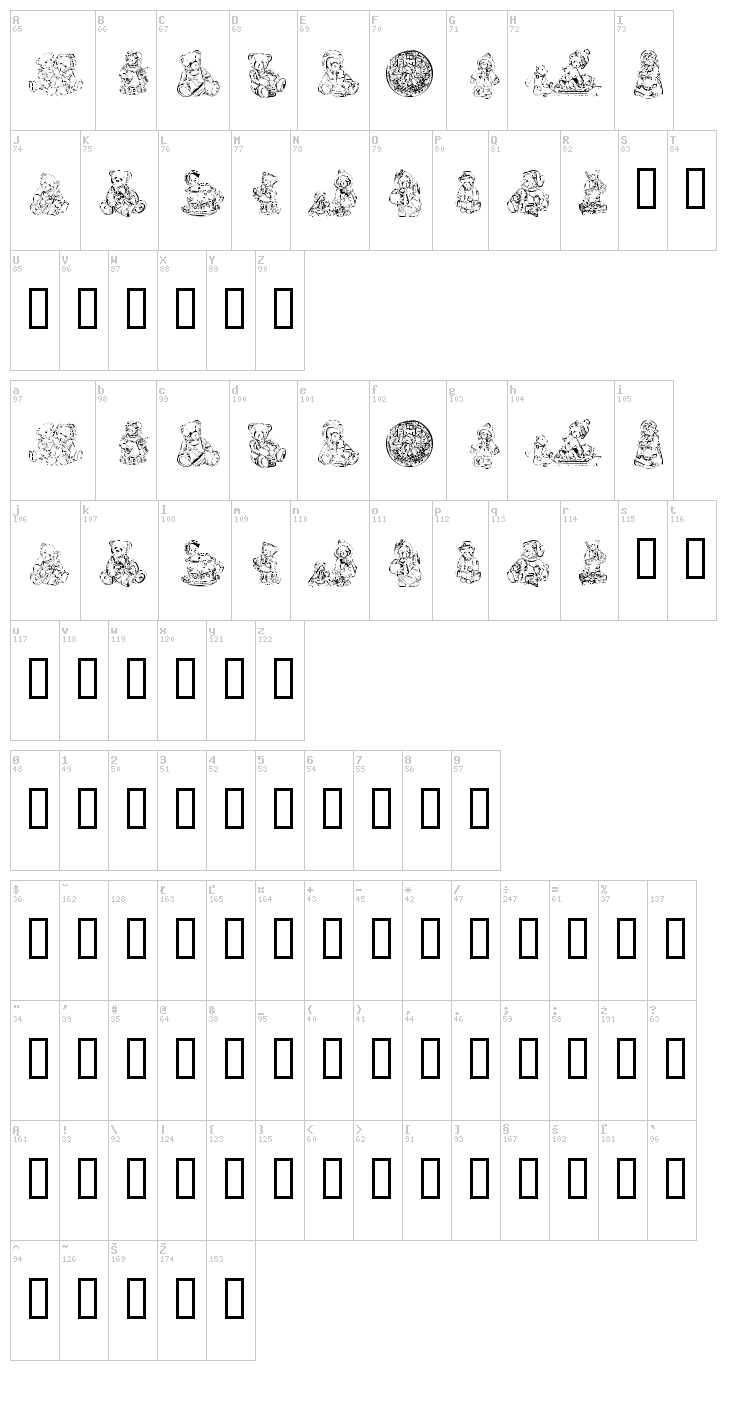 KR Adorable Teddies font map